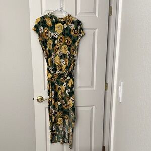 Donna Morgan Asymmetrical Dress in Green and Yellow Floral